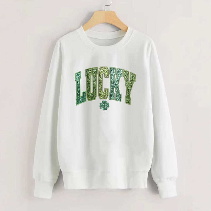 Dame casual sweatshirt med glitrende skrift og kløver motiv Stilla