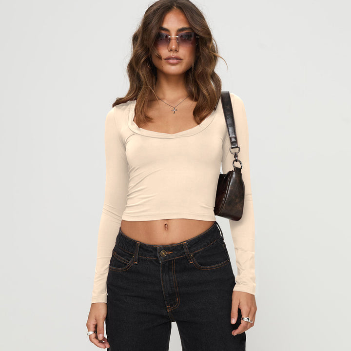 Dame højtaljede cropped top med kvadratisk brystudskæring og lange ærmer Stilla
