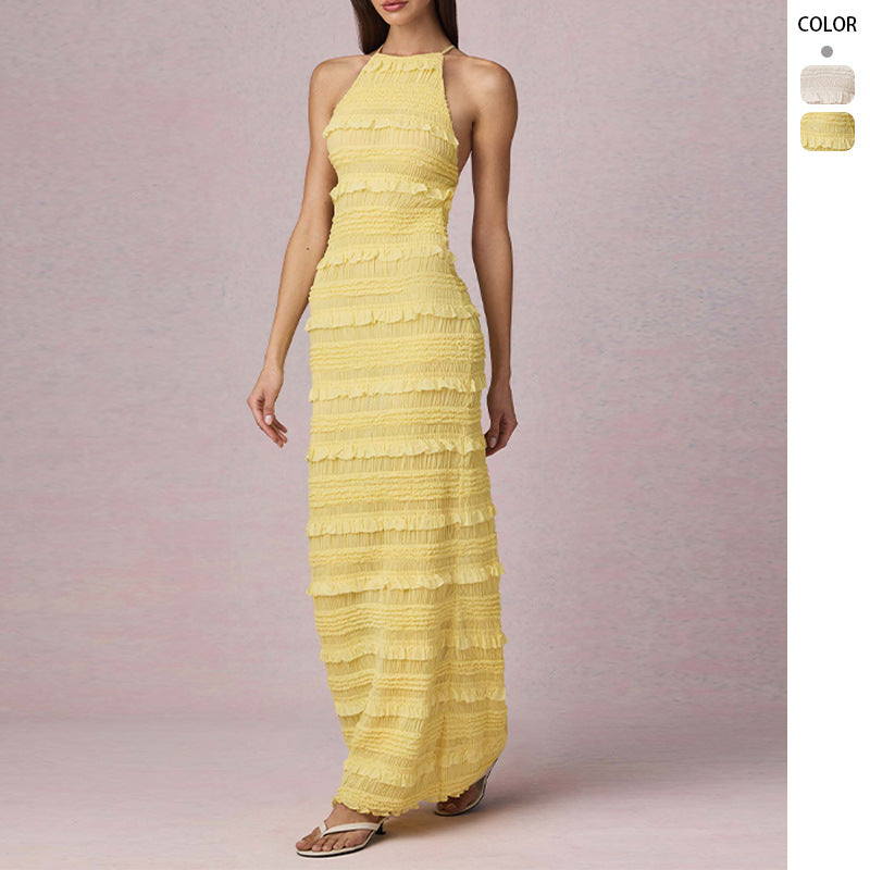 Dame maxi kjole med franges design og elegant halterneck Skovae