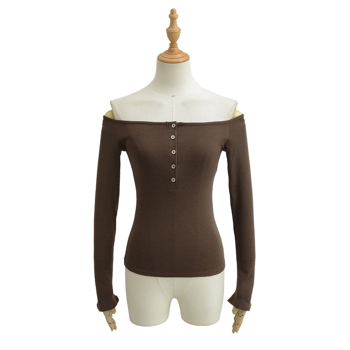 Dame Off-Shoulder Langærmet T-shirt med elegant knapliste og fint ribmateriale Stilla