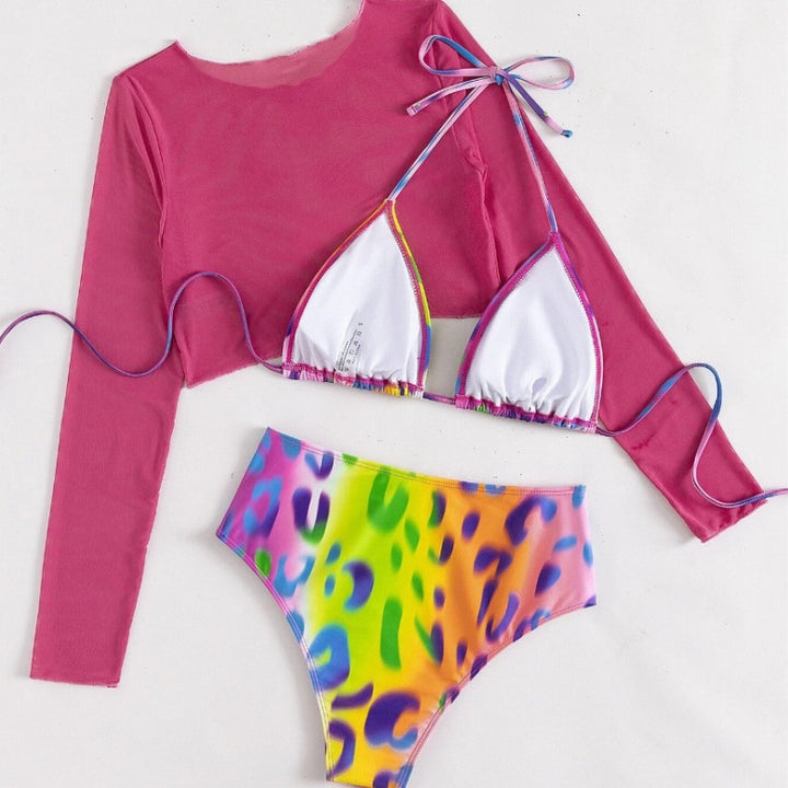 Dame Højskåret Bikini-Sæt med langærmet top og spændende mønsterblanding Stilla
