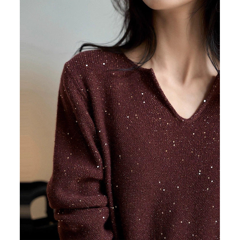 Dame elegant strikpullover med V-hals og funklende accenter Stilla