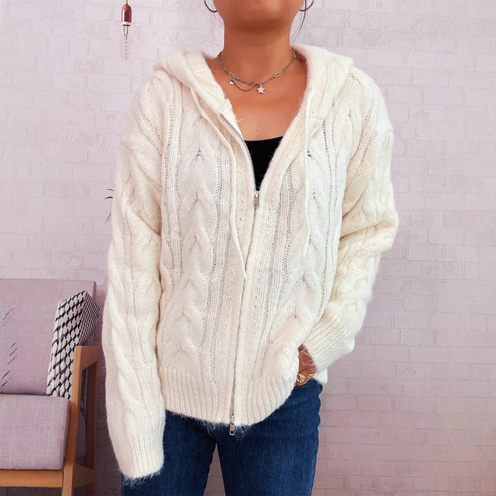 Kvindernes stripe chunky strik zip hættejakke med hætte og blødt materiale Stilla
