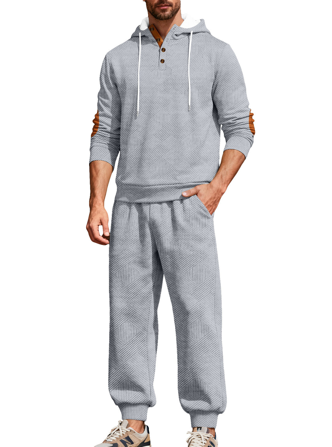 Herre nan struktureret hoodie-jogging sæt med Henley-knapstolpe og kontrast-albue-patches Skovae