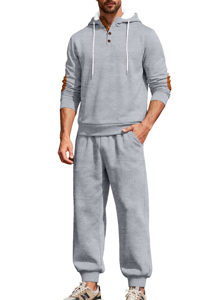 Herre nan struktureret hoodie-jogging sæt med Henley-knapstolpe og kontrast-albue-patches Skovae