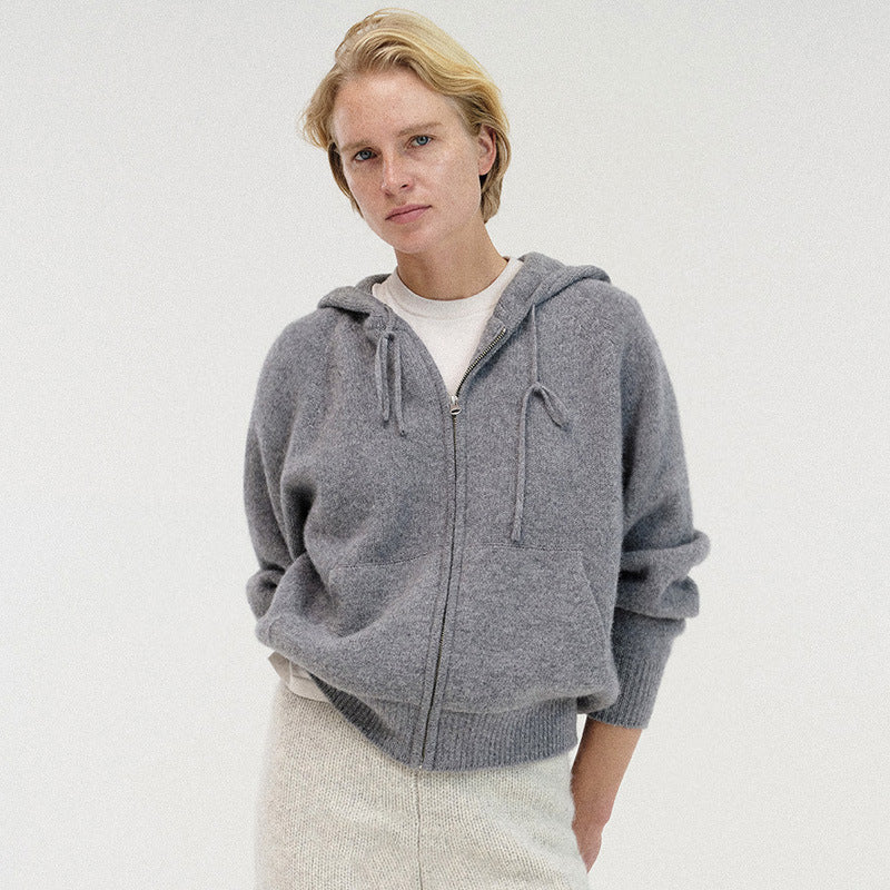 Dame afslappet zip-hoodie i blød uldblanding med praktiske lommer og elastiske manchetter Stilla