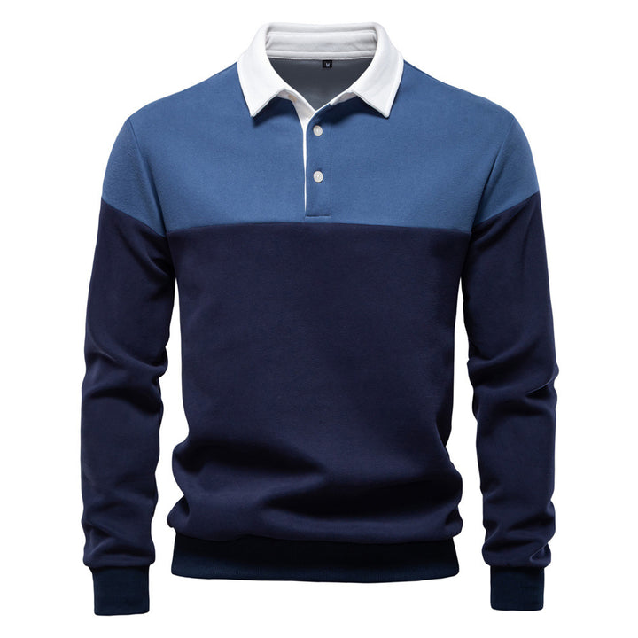 Herren nan sportsligt-elegant langærmet polo i rugby-stil med kontrasterende krave og bredt brystpaneel Skovae