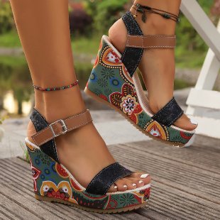 Dame Wedge-sandaler med farverigt blomstermotiv og justerbar rem Stilla