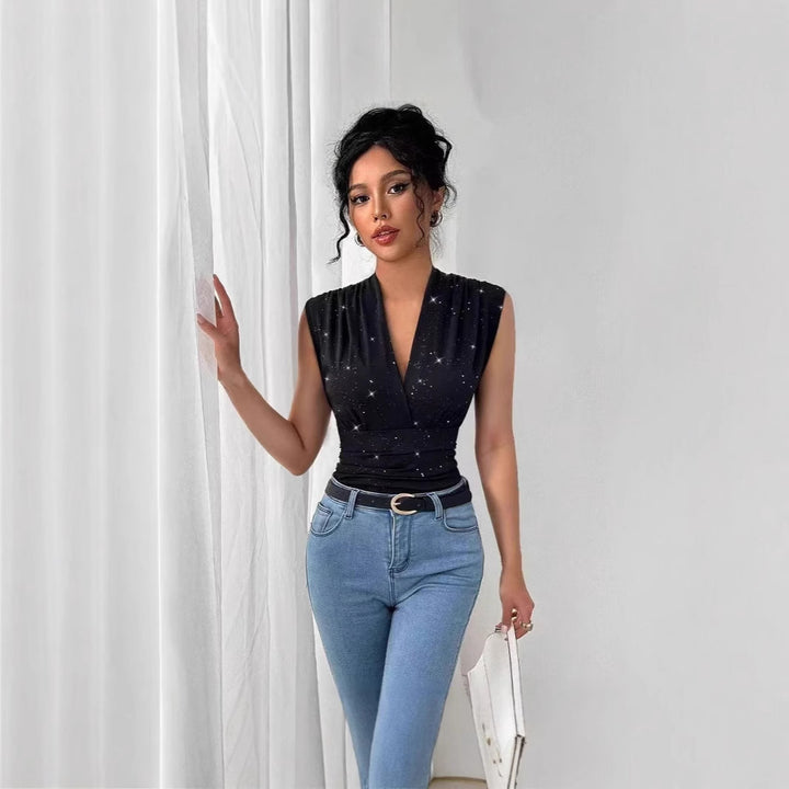 Dame Elegant top med omslagdesign og stjerne-look Stilla