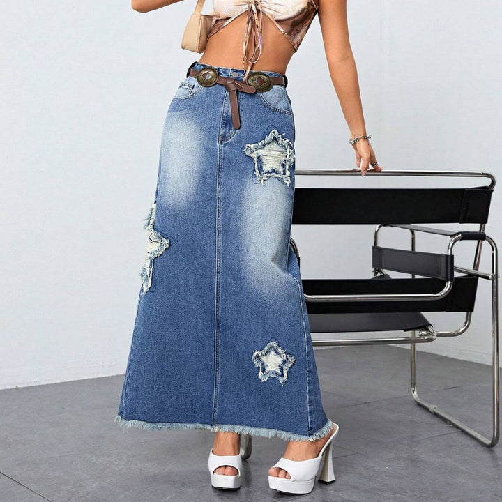 Dame Længere Denim-Nederdel med frynset accenter og ødelagte detaljer Stilla
