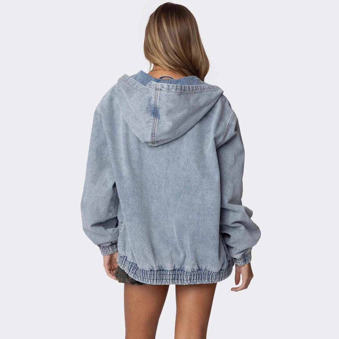 Dame Oversized Denimjakke med hætte og elastiske manchetter Skovae