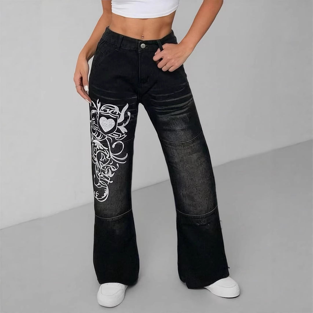 Dame baggy jeans med kunstnerisk tryk Skovae