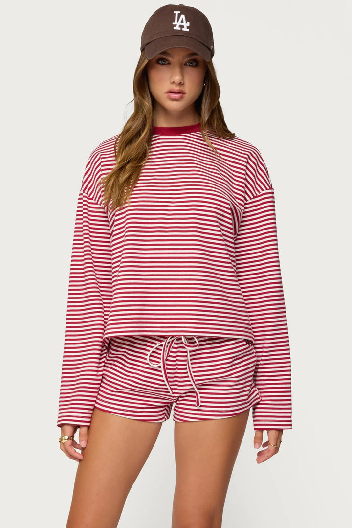 Dame Casual Stripe Loungewear Sæt med langærmet top og kort bukser Skovae