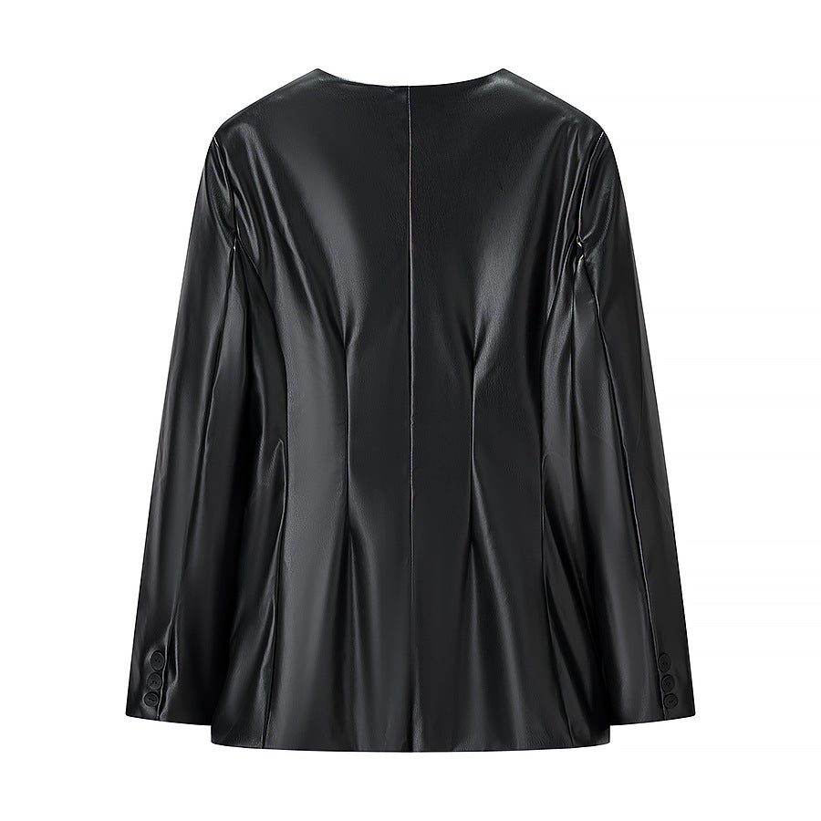 Dame faux læder blazer jakke med subtile lommer og moderne snit Stilla