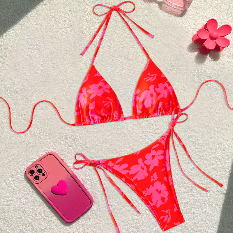 Dame Triangel-Bikini med blomsterdesign og justerbare stropper Skovae