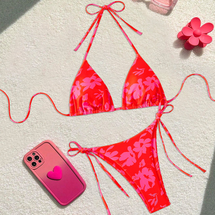 Dame Triangel-Bikini med blomsterdesign og justerbare stropper Skovae