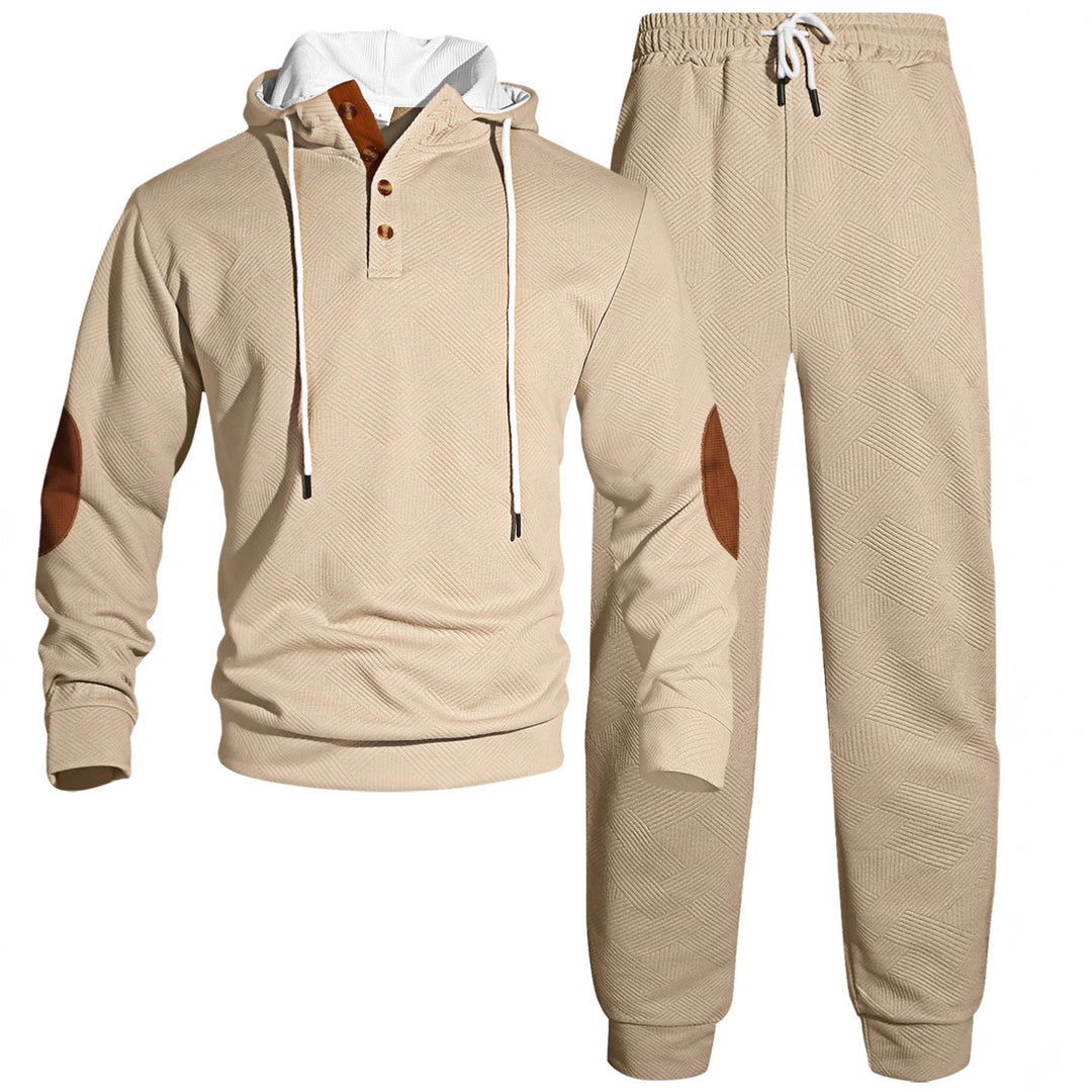 Herrer nan vaffelstruktur Henley-hoodie sæt med træknap liste albue-patch og konisk joggingbukser Skovae