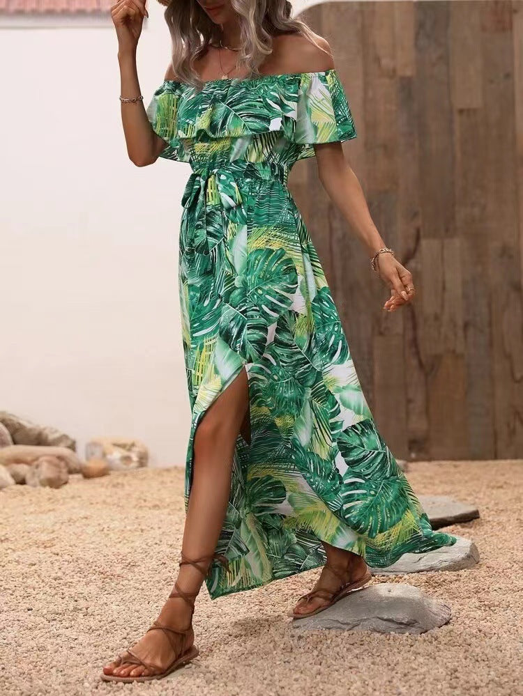 Dame Maxi-kjole med spændende tropisk design og stilfuld Off-Shoulder-udskæring Stilla