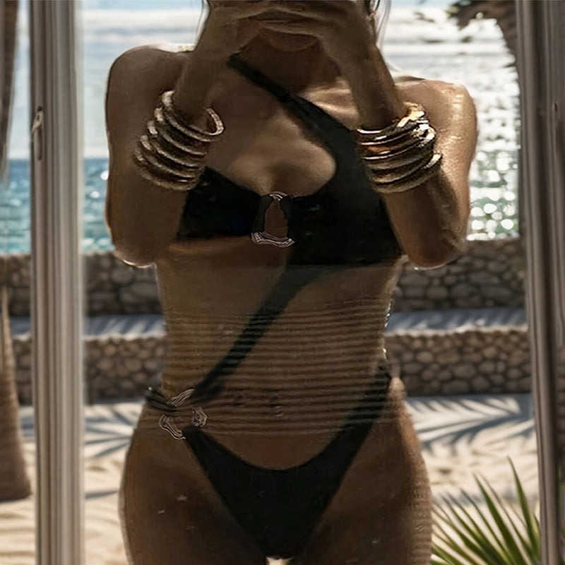 Dame asymmetrisk bikini sæt med raffinerede spænder Skovae