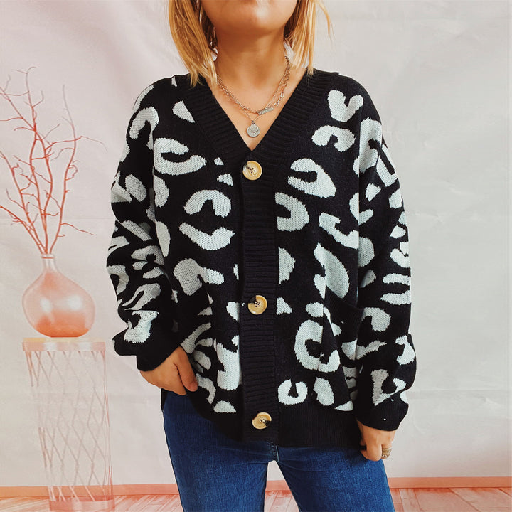Kvinders varme cardigan med løse ærmer og fashionable leo mønster Stilla