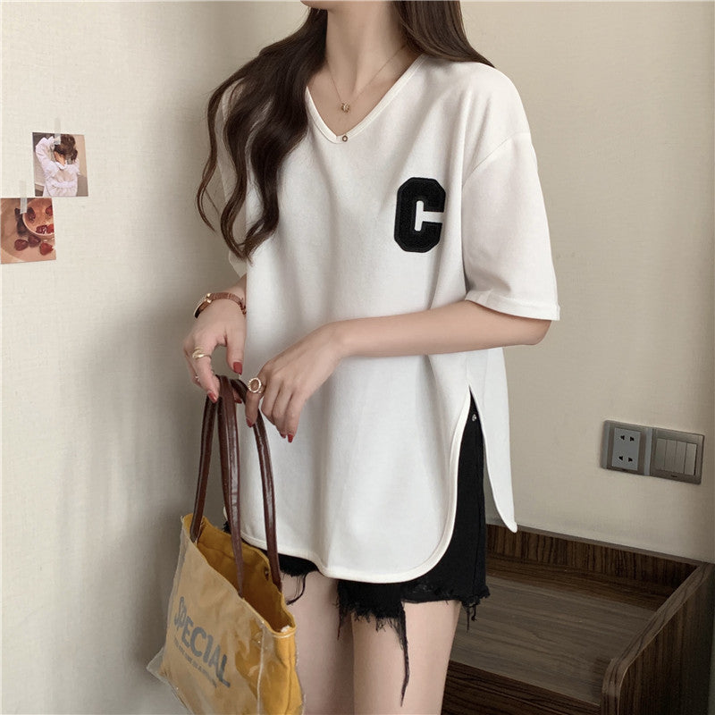Dame Casual V-Hals Oversized T-Shirt med kontrastdetaljer Stilla