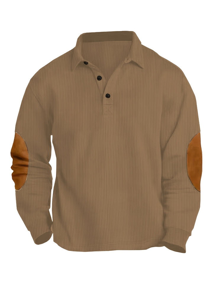Herrer nan legeres Langærmet poloshirt med skjortekrave, kort knapløsning, fin struktur og velour albuepuder Skovae
