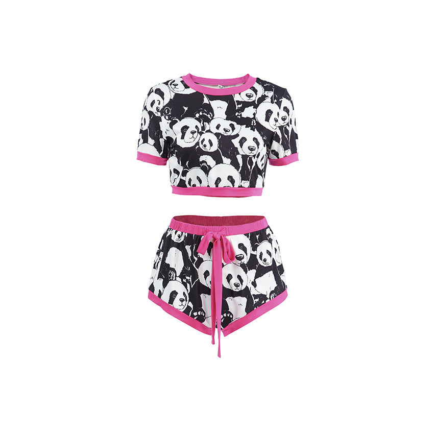 Dame Crop-Top og Shorts-Sæt med Pandamønster Stilla