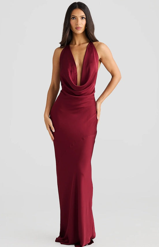 Femme Elegant Deep-V Cowl Neck Aftenkjole Stilla