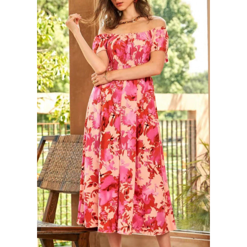 Dame Off-Shoulder Midi Kjole i floral design med elastisk overdel og voluminøs nederdel Skovae
