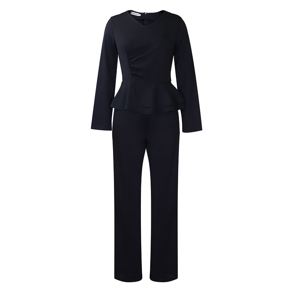 Dame Elegant Jumpsuit med smukt Peplum og lange ærmer Stilla