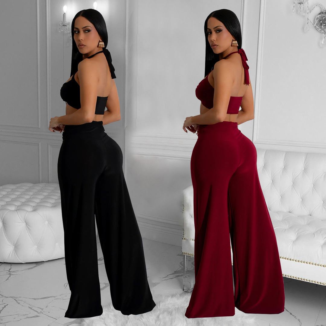Dame Sexy Cut-Out To-delt Sæt med Cropped Top og Bredbukser Stilla