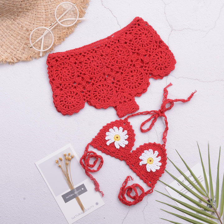 Dame hæklet bikini-sæt med florale applikationer og legende design Stilla