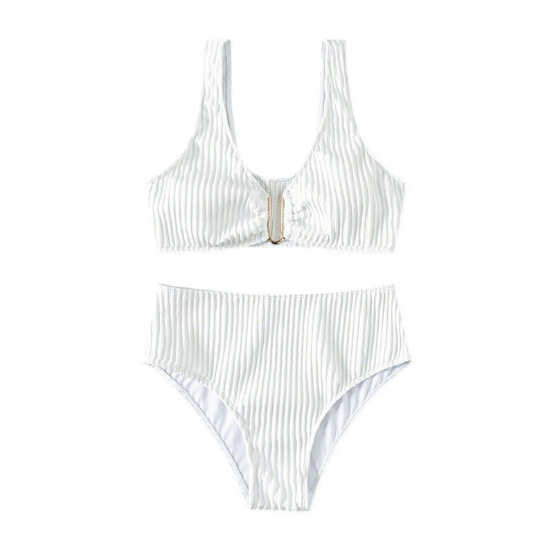 Damer høj talje bikini sæt med elegant stribemønster Skovae