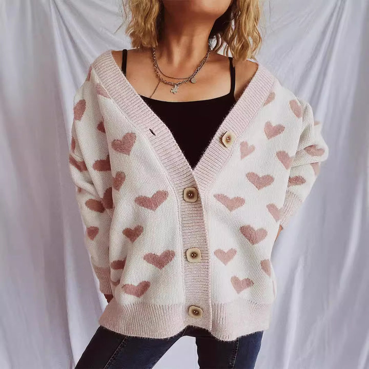 Kvinders cardigan med hjerteformet mønster og knapdetaljer Stilla