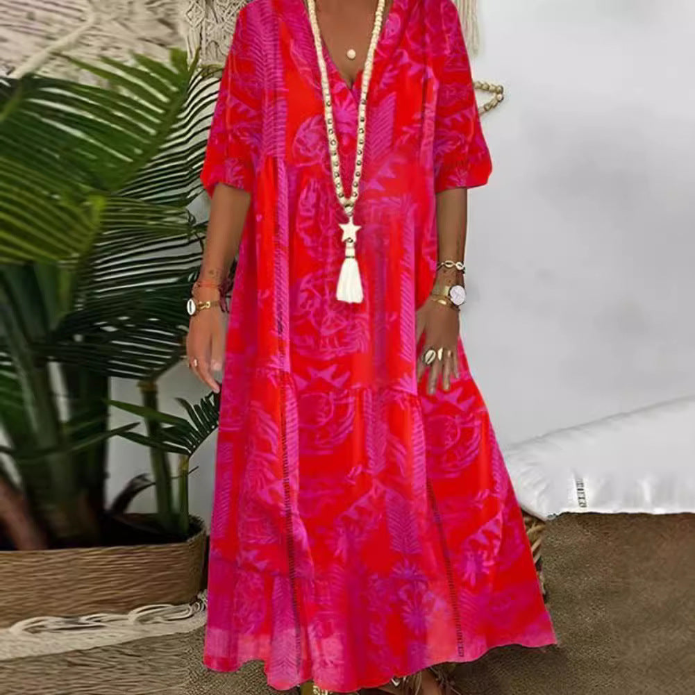 Dame nan Boho-langkjole med dyb V-hals, stufensnit og afslappet oversized pasform Skovae