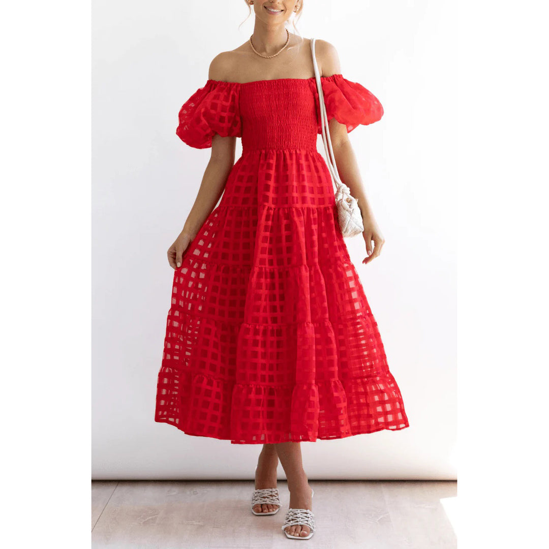 Dame Off-Shoulder Maxi-Kjole med Flæse og Ternet Mønster Stiila