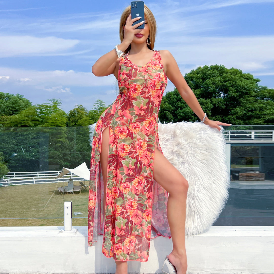 Dame sommer-maxikjole med elegant blomsterprint og transparente indsatser Stilla