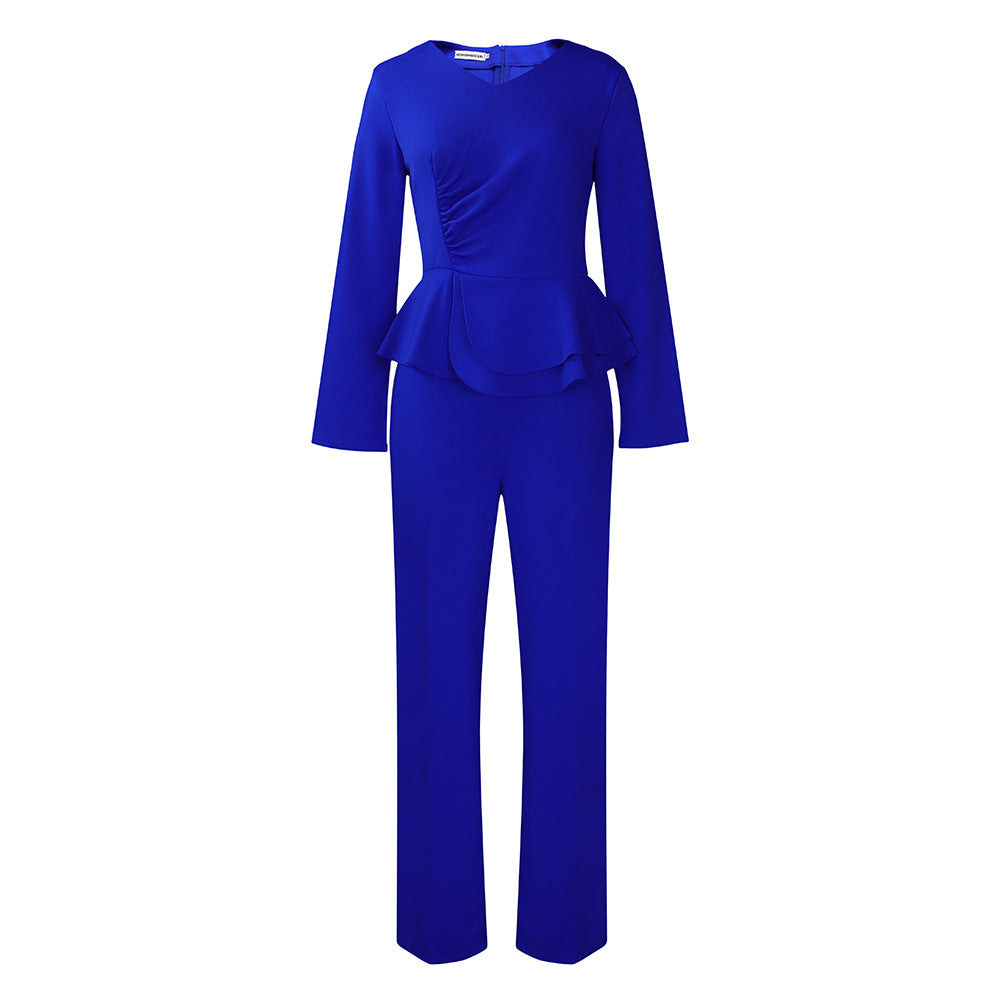 Dame Elegant Jumpsuit med smukt Peplum og lange ærmer Stilla