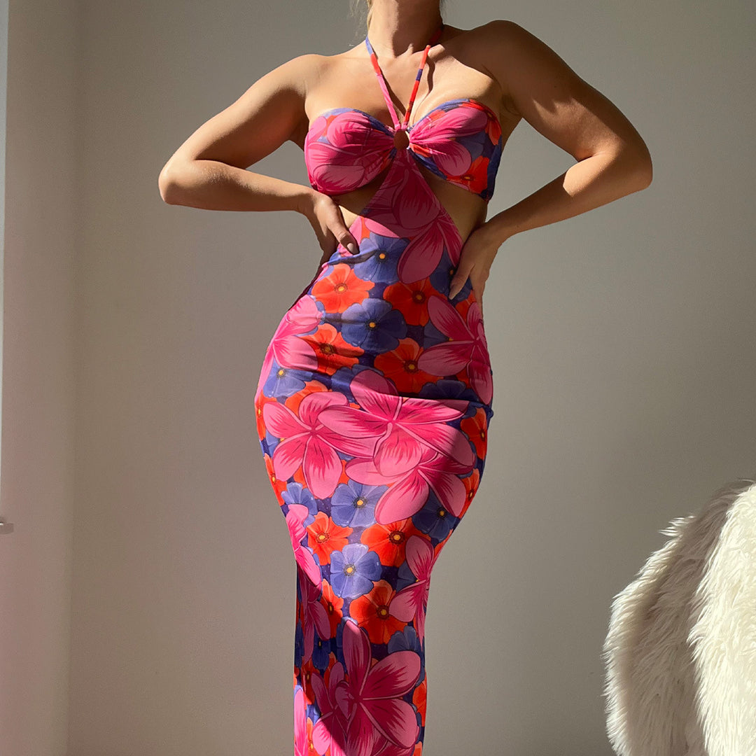 Dame Maxikjole med unikt cut-out-design og blomsterprint Stilla