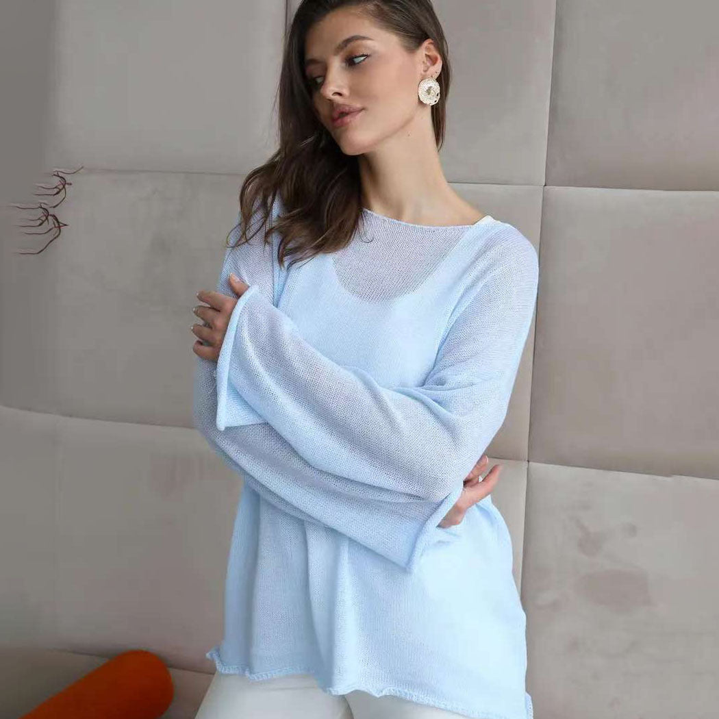 Damer casual sweater med brede ærmer og fint huller strik design Stilla