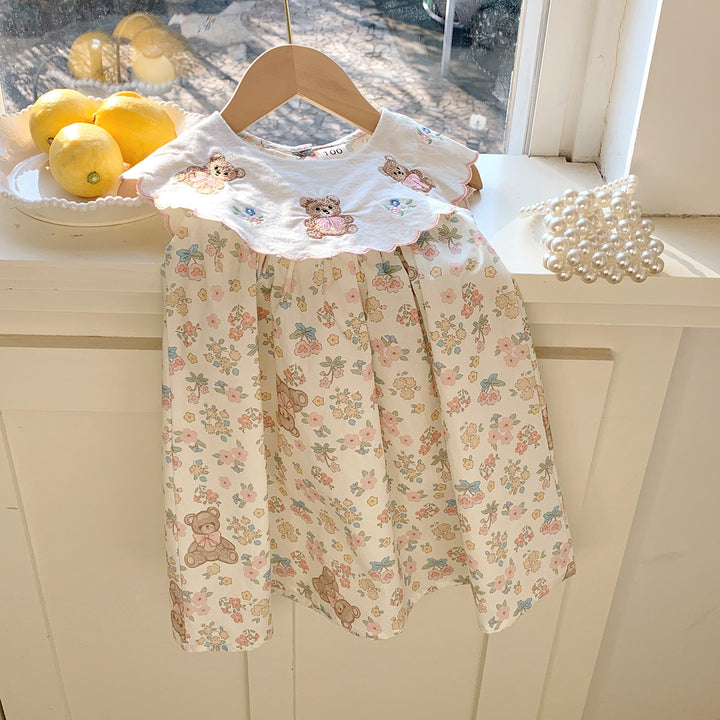 Pige Bomuld Floral Broderet Kjole med bølget Krave Stilla