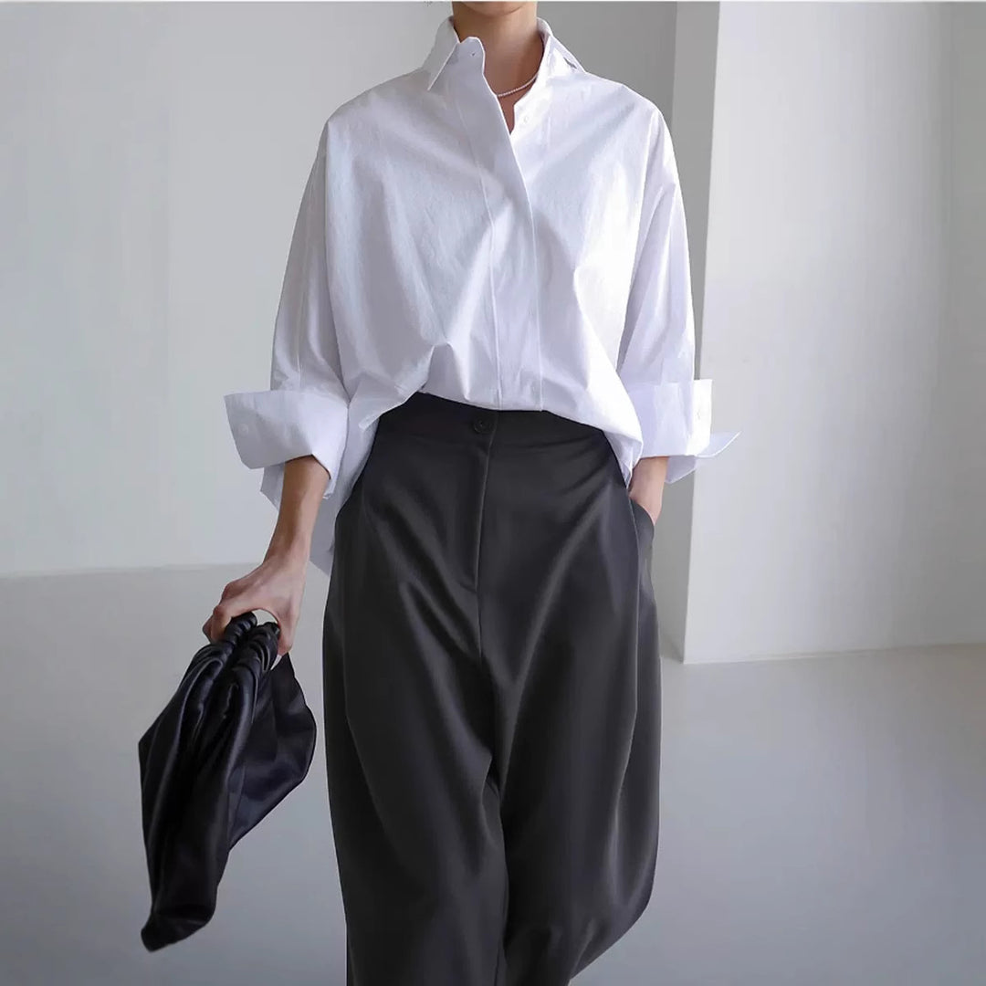 Dame mode Oversized-bluse i kvalitetsbomuld med afslappet snit og ståkrave Stilla