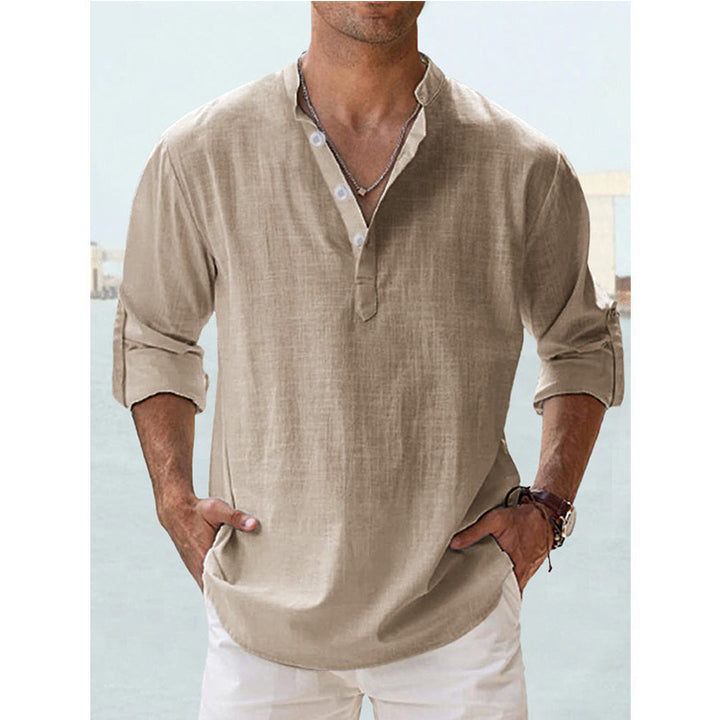 Herrer nan legeres linned Henley-skjorte med ståkrave, oprullede ærmer og buet kant Skovae