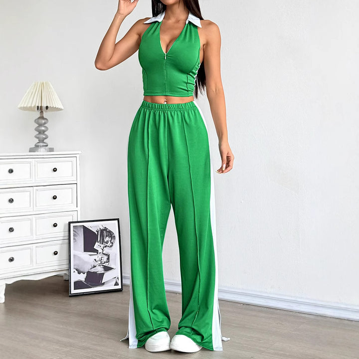 Dame To-delt Sæt med cropped Top og vidt snittet Bukser Skovae