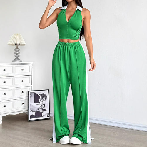 Dame To-delt Sæt med cropped Top og vidt snittet Bukser Skovae