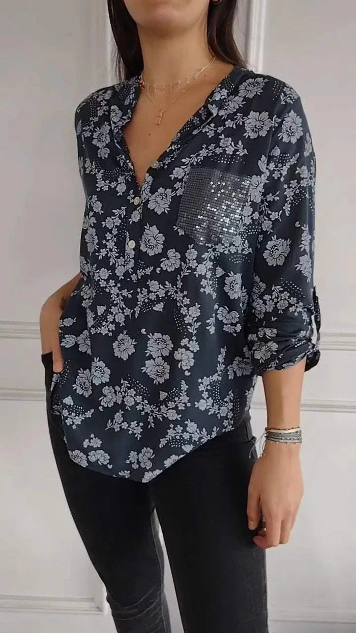 Dame Elegant Floral Knappeskjorte Stilla