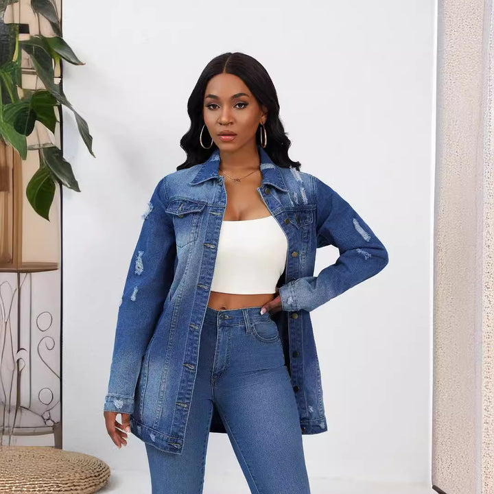 Dame afslappet denimjakke i moderne oversized snit med frynset accenter Stilla
