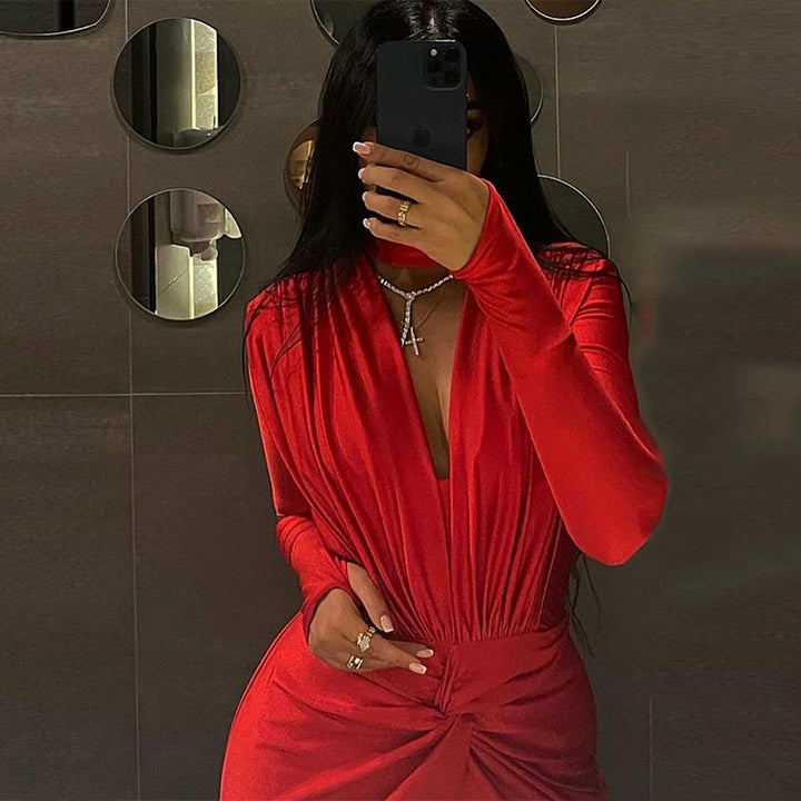 Dame Elegant Langærmet Bodysuit med højtstående Krave og gennemsigtig Indsats Stilla