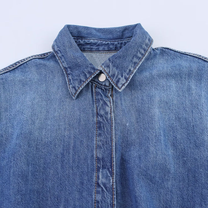 Dame jeans skjorte kjole med elegant bælte og korte ærmer Skovae