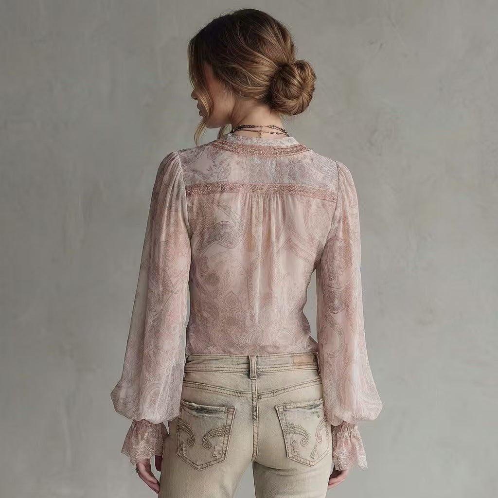 Dame transparent bluse med voluminøse ærmer og moderne mønster Skovae
